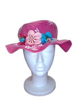Girls Pink Straw Sun Hat with Floral Tulle & Lace | Summer Beach Accessory